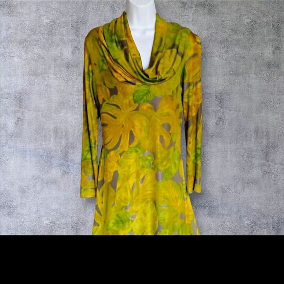 Beautiful 60's Mod Dress Vintage Green/Yellow  Cowl Neckline Size Large - Picture 7 of 11